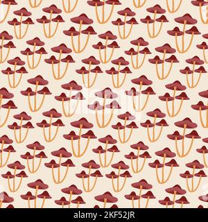 Motivo senza cuciture con funghi favolosi con tappi larghi su gambi lunghi e sottili. Illustrazione vettoriale colorata disegnata a mano. Fauna selvatica semplice stampa doodle. Li Illustrazione Vettoriale
