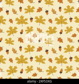 Motivo senza cuciture con foglie autunnali e ghiande. Sfondo beige. Carta o tessuto da imballaggio. Illustrazione vettoriale colorata disegnata a mano. Acero e quercia lea Illustrazione Vettoriale