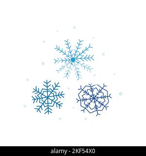 Set di tre diversi fiocchi di neve blu. Disegno vettoriale colorato scarabocchio disegnato a mano astratto isolato. Per il biglietto d'auguri, l'invito, la stampa. Inverno Illustrazione Vettoriale