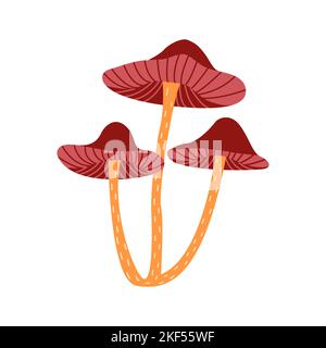 Famiglia di tre favolosi funghi con tappi larghi su gambi lunghi e sottili. Illustrazione colorata isolata vettoriale disegnata a mano. Wildlife semplice carta doodle. Illustrazione Vettoriale