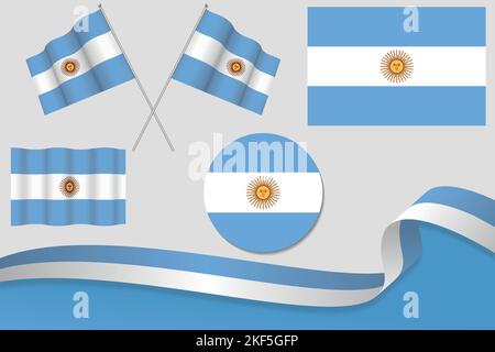 Una serie di bandiere argentine in diversi disegni - icone, bandiere flaying e un nastro con sfondo Illustrazione Vettoriale