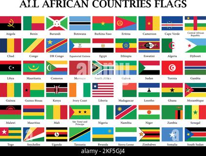Un insieme di tutte le bandiere africane in diversi disegni - icone, bandiere flaying e un nastro con sfondo Illustrazione Vettoriale