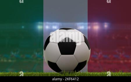 Calcio palla di calcio su un campo d'erba di fronte alle luci dello stadio e la bandiera italiana. Rendering 3D Foto Stock