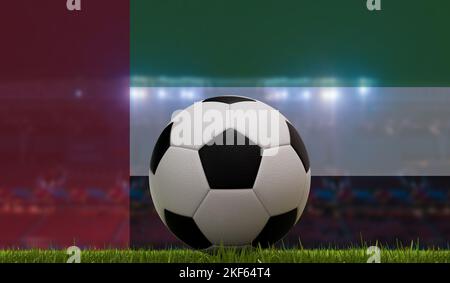 Pallone da calcio su un campo in erba di fronte alle luci dello stadio e alla bandiera degli Emirati Arabi Uniti. Rendering 3D Foto Stock