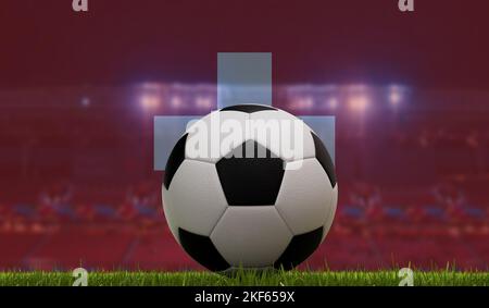 Pallone da calcio su un campo d'erba di fronte alle luci dello stadio e alla bandiera svizzera. Rendering 3D Foto Stock