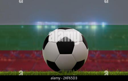 Pallone da calcio su un campo d'erba di fronte alle luci dello stadio e alla bandiera bulgara. Rendering 3D Foto Stock