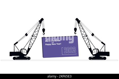 Biglietto di Natale. Le gru da cantiere hanno un banner di congratulazioni per il nuovo anno 2023. Illustrazione del vettore piatto. Illustrazione Vettoriale