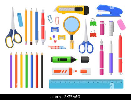 Cancelleria per ufficio - Set di oggetti di stile dal design piatto Illustrazione Vettoriale