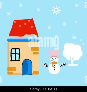 Inverno casa vettore Illustrazione icona colorato. Simpatica illustrazione vettoriale in stile piatto. EPS 10. Illustrazione Vettoriale
