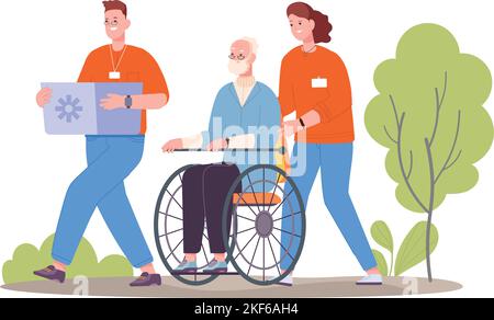 Volontari che aiutano l'uomo anziano. Donna che spinge sedia a rotelle isolato su sfondo bianco Illustrazione Vettoriale