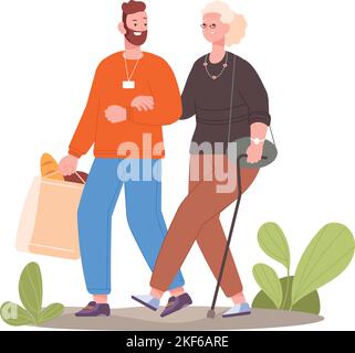 Uomo aiutare donna anziana con lo shopping. Borsa per il trasporto volontario di generi alimentari isolata su sfondo bianco Illustrazione Vettoriale
