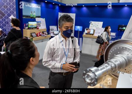 I partecipanti osservano le nuove tecnologie nel Padiglione Giapponese durante la Conferenza ONU sui cambiamenti climatici del COP27, tenuta dall'UNFCCC nel Centro Internazionale Congressi di Sharm El-Sheikh, in Egitto, il 16 novembre 2022. COP27, che si svolgerà a Sharm El Sheikh dal novembre 6 al novembre 18, si concentra sull'attuazione delle misure già concordate nel corso dei precedenti cops. La Conferenza di Sharm El Sheikh si concentra anche sulle comunità più vulnerabili, poiché la crisi climatica indura le condizioni di vita di quelle già più svantaggiate. (Foto di Dominika Zarzycka/Sipa USA) Foto Stock