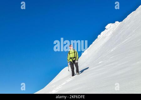 Descrizione: Escursionismo entusiasta alpinista su enorme campo di neve su Jungfrau. Jungfrau-Höhenweg, Alpi Bernesi, Svizzera, Europa. Foto Stock