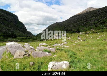 Vista del Gap di Dunloe con la montagna viola sulla destra. County Kerry, Irlanda. Foto Stock