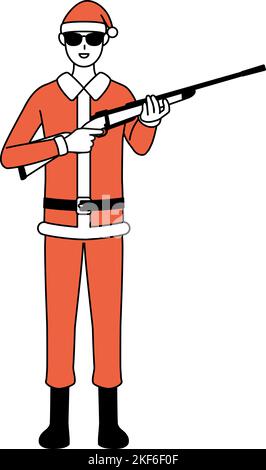 Semplice disegno di linea di un uomo vestito come Babbo Natale che indossa occhiali da sole e che tiene un fucile. Illustrazione Vettoriale
