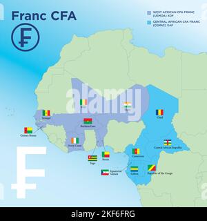 Franco CFA Mappa della zona di valuta africana, illustrazione vettoriale Illustrazione Vettoriale