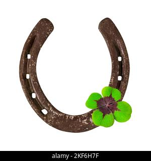 Ferro di cavallo e trifoglio isolati su sfondo bianco Foto Stock