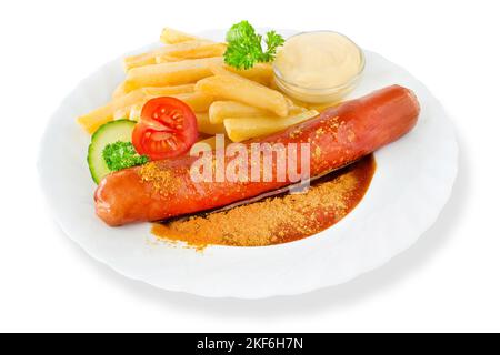 Salsiccia con salsa al curry e patatine fritte su sfondo bianco Foto Stock