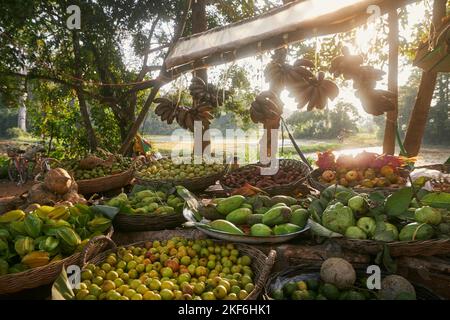 Stalla di mercato con frutta tropicale in vendita. Siem Reap in Cambogia. Foto Stock