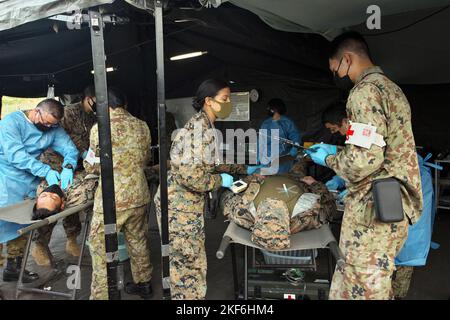 Amami, Giappone. 16th Nov 2022. Marines degli Stati Uniti e Giappone Ground Self-Defense Force personale medico partecipare l'esercizio militare congiunto Stati Uniti e Giappone 'spasca 23' a Camp Amami in Amami Oshima Island, Kagoshima-Prefettura, Giappone Mercoledì, 16 novembre 2022. Foto di Keizo Mori/UPI Credit: UPI/Alamy Live News Foto Stock