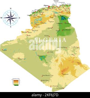 Mappa fisica molto dettagliata dell'Algeria in formato vettoriale, con tutte le forme di rilievo, le regioni e le grandi città. Illustrazione Vettoriale