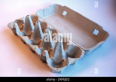 Scatola di uova aperta con dieci uova isolate su sfondo bianco. Materiale riciclato, utile Foto Stock