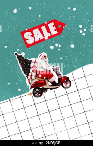 Immagine collage composito di divertente funky scooter guida babbo natale sunglass nuovo anno albero presenta regali vendita etichetta sconto Foto Stock