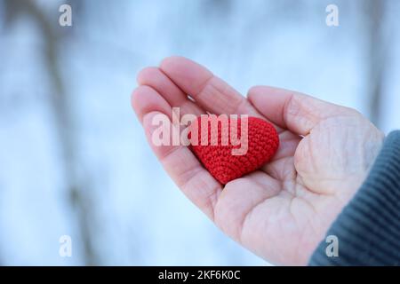 Cuore rosso lavorato in mano femminile contro la foresta di neve. Concetto di amore romantico, vacanza di Natale, San Valentino, clima invernale o beneficenza Foto Stock