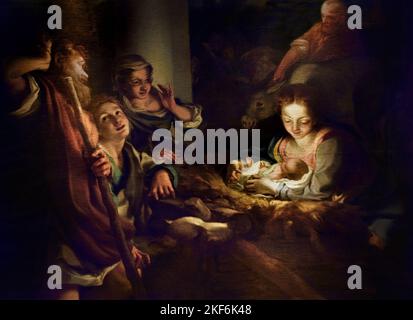 L'Adorazione dei Pastori, detta la Notte Santa 1745 ( copia di Correggio 1489-1543 ) Giuseppe Nogari 1699-1763 Venezia, Italia, Adorazione dei Pastori, Natività di Gesù, Pastori , testimoni della nascita , Gesù a Betlemme, Natale, notte Santa Foto Stock