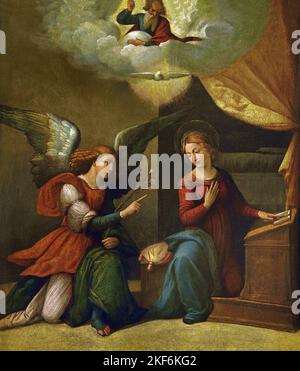 Annunciazione - olio su tavola 1520 - 1530, laboratorio Garofalo Garofalo - Benvenuto Tisi (o il Garofalo) (1481 - 1559 Italia Annunciazione italiana, rappresenta la storia biblica, in cui, Arcangelo Gabriele, annuncia alla Vergine Maria, che è stata scelta per essere la madre di Gesù, nascita di Cristo, Foto Stock