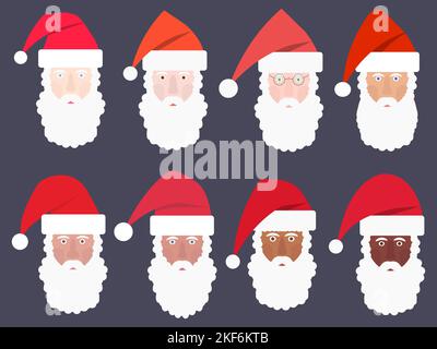 Set di icone di Babbo Natale con diversi colori della pelle, diverse nazionalità. Babbo Natale multiculturale. Collezione faccia di Babbo Natale. Illlust vettoriale Illustrazione Vettoriale