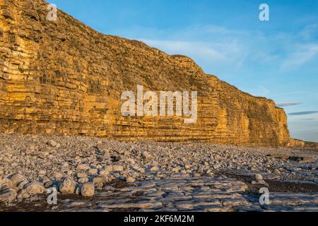 Frail sciolto scogliere a Llantwit Major Beach, conosciuta anche come Colhugh Beach, Glamorgan Heritage Coast South Wales. Un grande poster nelle vicinanze avverte di pericolo. Foto Stock