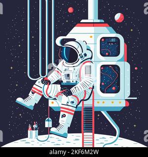 Un vettore di un astronauta che ripara qualcosa nello spazio esterno Illustrazione Vettoriale