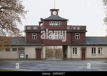 Weimar, Germania. 16th Nov 2022. L'ex porta del campo di concentramento di Buchenwald. Nelle vicinanze, sette alberi nuovi sono stati piantati durante la campagna di piantagione di alberi '1000 Buchen'. Gli alberi furono piantati come simbolo in memoria delle vittime del campo di concentramento nazista Buchenwald e delle cosiddette "marce della morte". Gli alberi fanno parte del progetto '1000 Buchen' e sono stati originariamente destinati a sostituire diversi alberi commemorativi distrutti nell'estate del 2022. Credit: Bodo Schackow/dpa/Alamy Live News Foto Stock