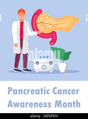 Il mese della consapevolezza del cancro al pancreas è organizzato il mese di novembre negli Stati Uniti. Piccolo terapista trattare il paziente. Illustrazione Vettoriale
