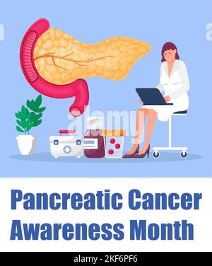 Il mese della consapevolezza del cancro al pancreas è organizzato il mese di novembre negli Stati Uniti. Piccolo terapista trattare il paziente. Illustrazione Vettoriale