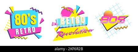 Collezione grafica retro anni '80. Set di design Synthwave vintage. Vintage abbigliamento opere d'arte vecchia scuola progetti vividi Illustrazione Vettoriale