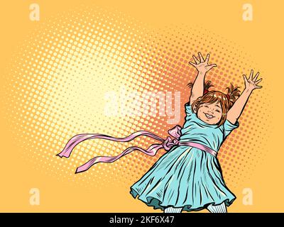 La bambina sorridente alzò le mani. Buona infanzia. Pop art retrò Illustrazione Vettoriale