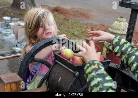 Detroit, Michigan - i bambini fanno sidro di mele con una pressa della mela ad un festival di caduta sul lato vicino orientale di Detroit. Foto Stock