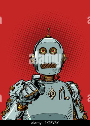 Il robot punta con un dito. Intelligenza artificiale riconoscimento di viso e persona. Identificazione ai Illustrazione Vettoriale