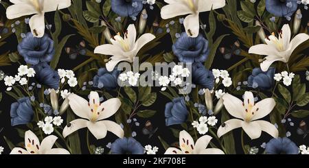 Motivo floreale senza cuciture con fiori dipinti a mano. Carta da parati con gigli, papaveri, foglie, farfalle su sfondo scuro. Lussuoso illustre botanico Foto Stock