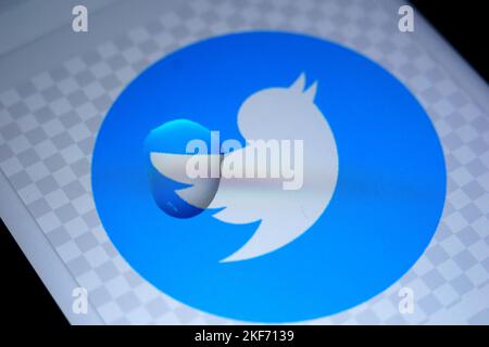 logo twitter con gocce d'acqua Foto Stock