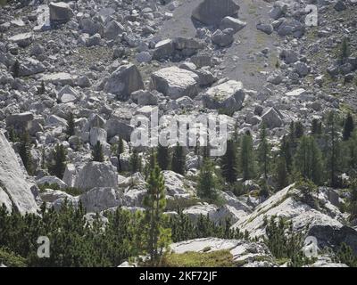 valanga di roccia di pietra nel panorama delle dolomiti Foto Stock