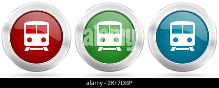 Treno, treno, metropolitana, vettore di trasporto icone set. Pulsanti Web metallici in argento rosso, blu e verde con bordo cromato Illustrazione Vettoriale