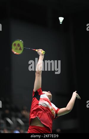 Sydney, Australia. 16th Nov 2022. Un se Young of Korea è visto in azione durante il 2022° incontro femminile del gruppo SATHIO Australian Badminton Open contro Sung Shuo Yun di Taipei Cinese. Un ha vinto la partita 21-14, 21-13. Credit: SOPA Images Limited/Alamy Live News Foto Stock