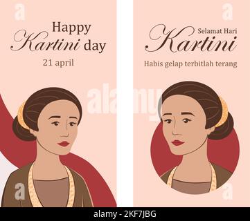 Selamat hari Kartini. Traduzione buon giorno Kartini. Habis gelap terbitlah terang significa dopo l'oscurità arriva luce. Hero Kartini indonesiano con illustrazione del vettore flag indonesiano Illustrazione Vettoriale