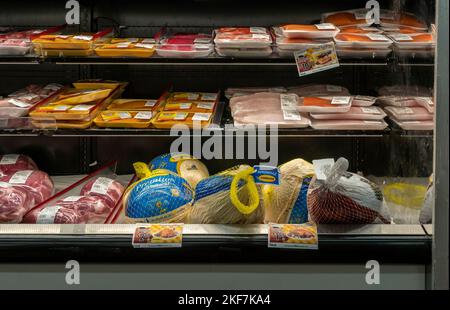 Tacchini surgelati e altre carni in vendita in un supermercato a New York il Martedì, 15 novembre 2022. (© Richard B. Levine) Foto Stock