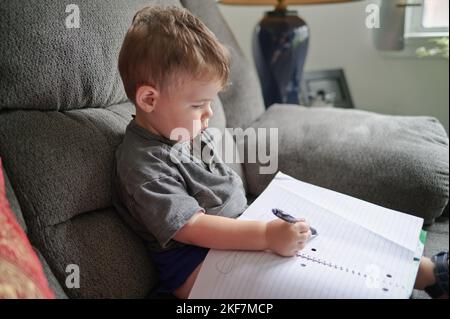 ragazzo giovane che disegna scarabocchi in un notebook mentre si siede su un divano a casa Foto Stock