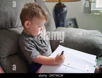 ragazzo giovane che disegna scarabocchi in un notebook mentre si siede su un divano a casa Foto Stock