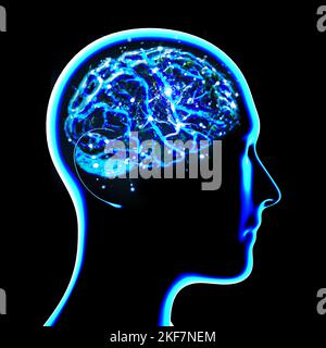 Sezione di un cervello visto in profilo. Malattie degenerative, Parkinson, sinapsi, neuroni, Alzheimers. Silhouette di un volto uomo su sfondo nero Foto Stock
